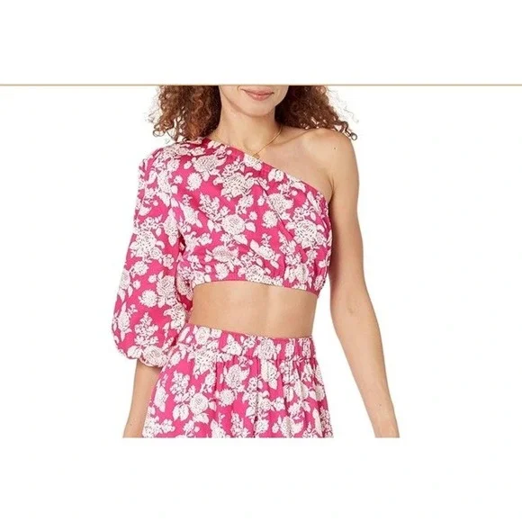 The Drop Anupa One Shoulder Puff Sleeve Crop Top Women's Small Hot Pink Floral - Picture 4 of 6